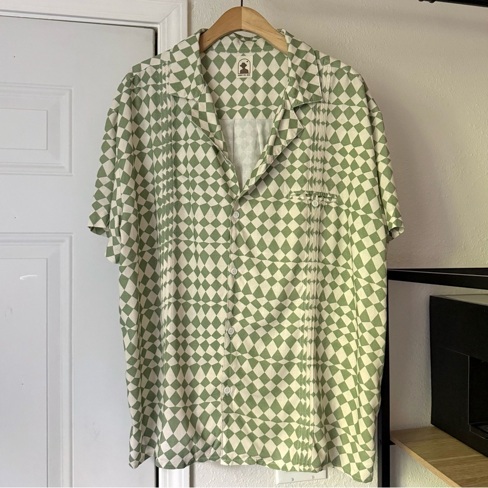 DANDY DEL MAR sage green white diamond checker‎ print linen cotton button up